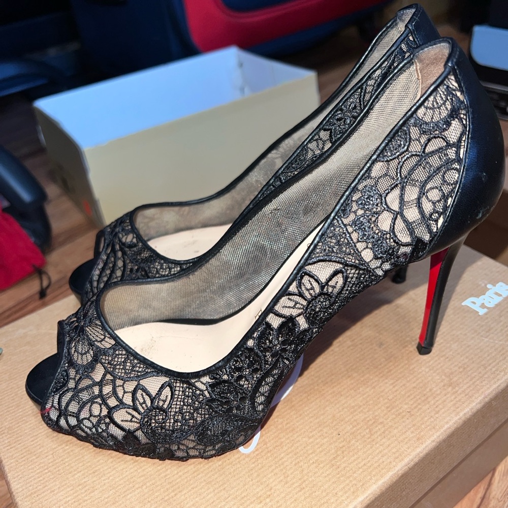 Christian Louboutin Black Lace Peep-Toe Stilettos - Picture 6 of 11